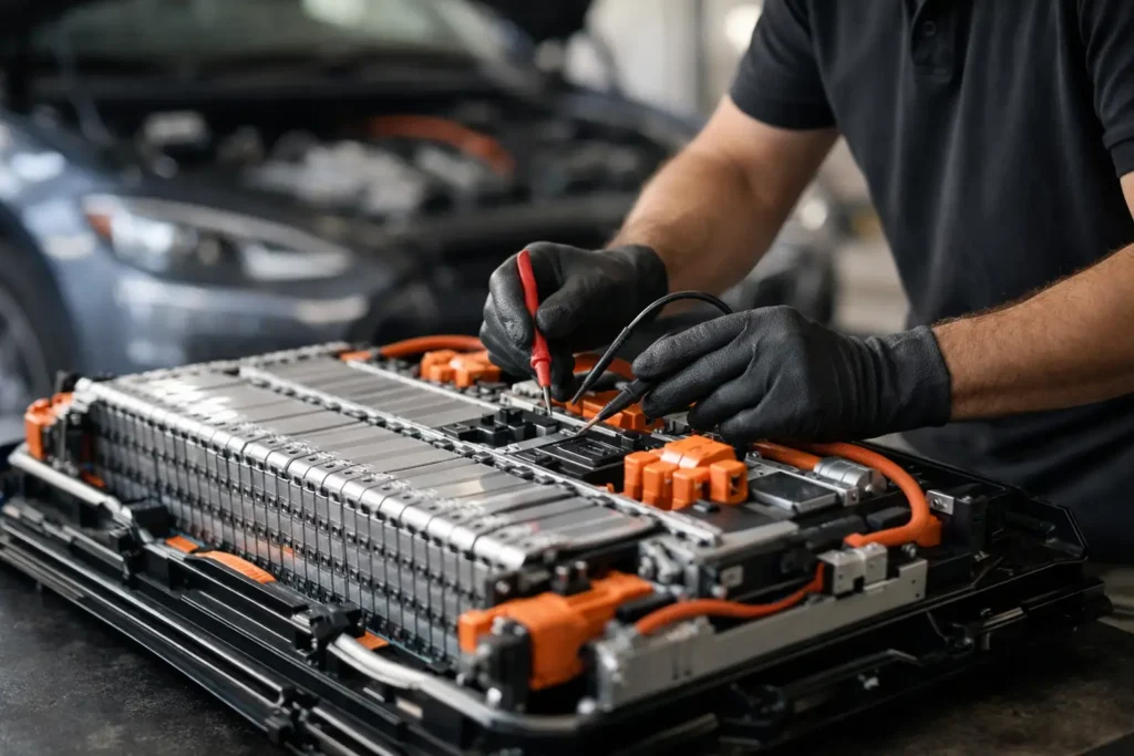 Gebruikte elektrische auto accu controleren