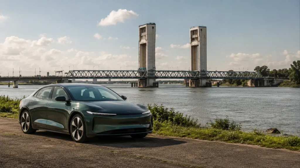 Elektrische auto met de Spijkenisserbrug op de achtergrond in Spijkenisse