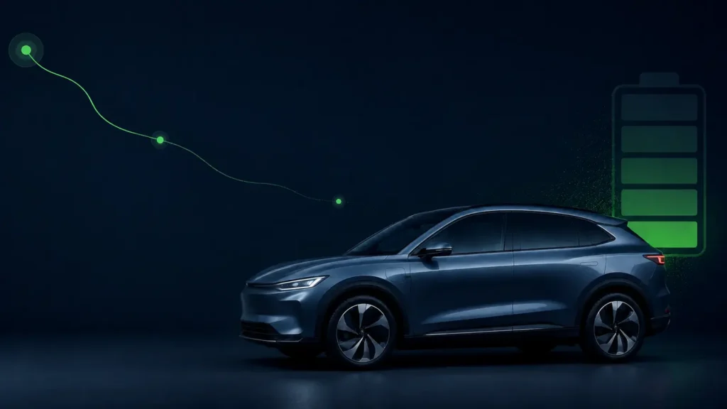 Elektrische auto met aflopende route en batterij als visualisatie van actieradiusverlies
