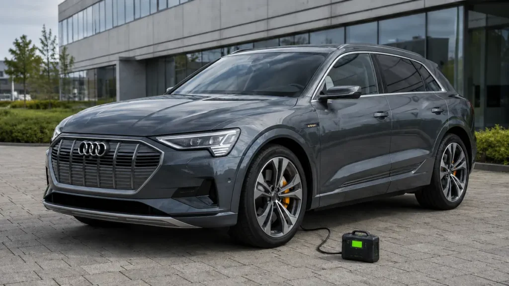 Grijze Audi e-tron bij artikel over Audi accu testen op locatie