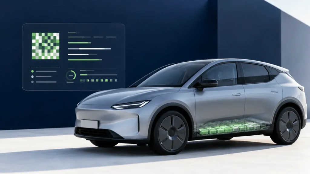 Elektrische auto met digitaal batterijpaspoort en weergave van het accupakket