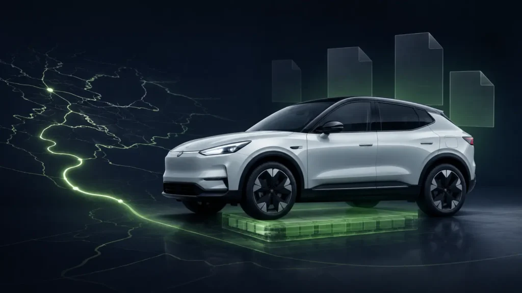 Geïmporteerde elektrische auto met route, documenten en zichtbaar gemaakte hoogvoltaccu