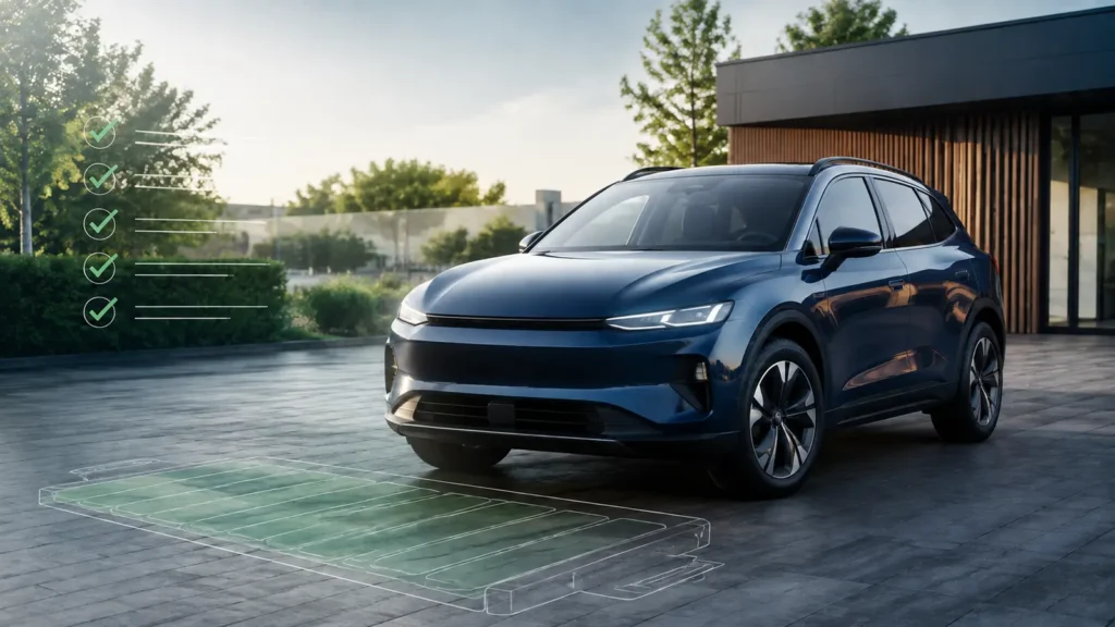 Elektrische auto met checklist voor vragen bij aankoop van een gebruikte EV