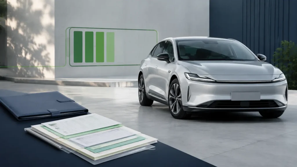Elektrische auto met documenten voor de verkoop en een symbool van de batterijconditie