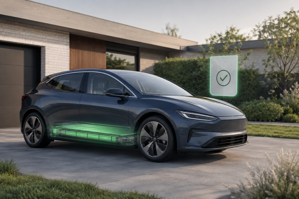 Elektrische auto met gezonde accu en onafhankelijk verificatiesymbool