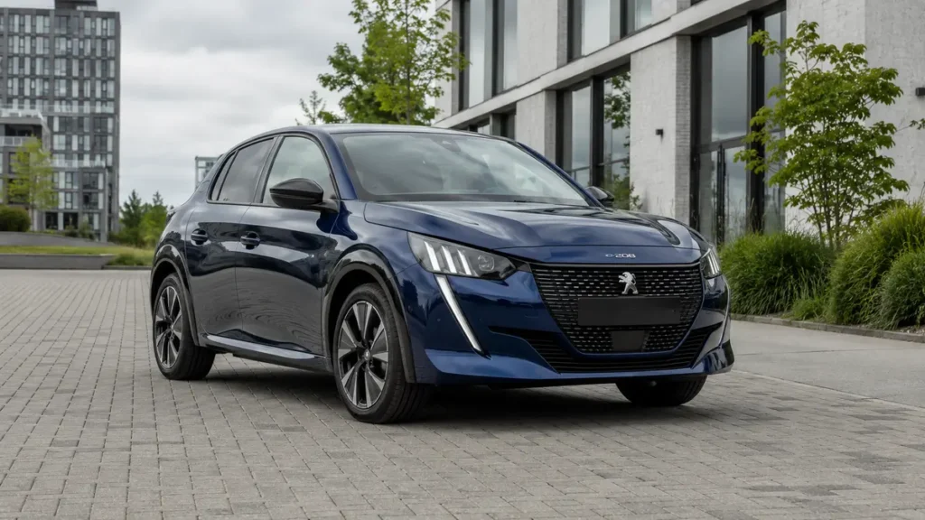 Blauwe elektrische Peugeot e-208 bij artikel over Peugeot accu testen