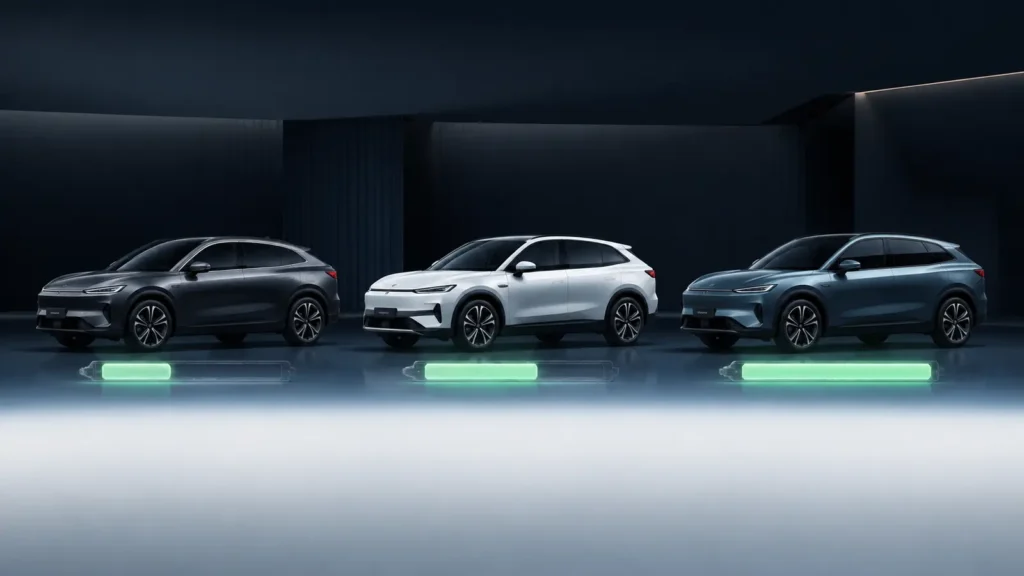Drie elektrische occasions met verschillende niveaus van resterende batterijcapaciteit