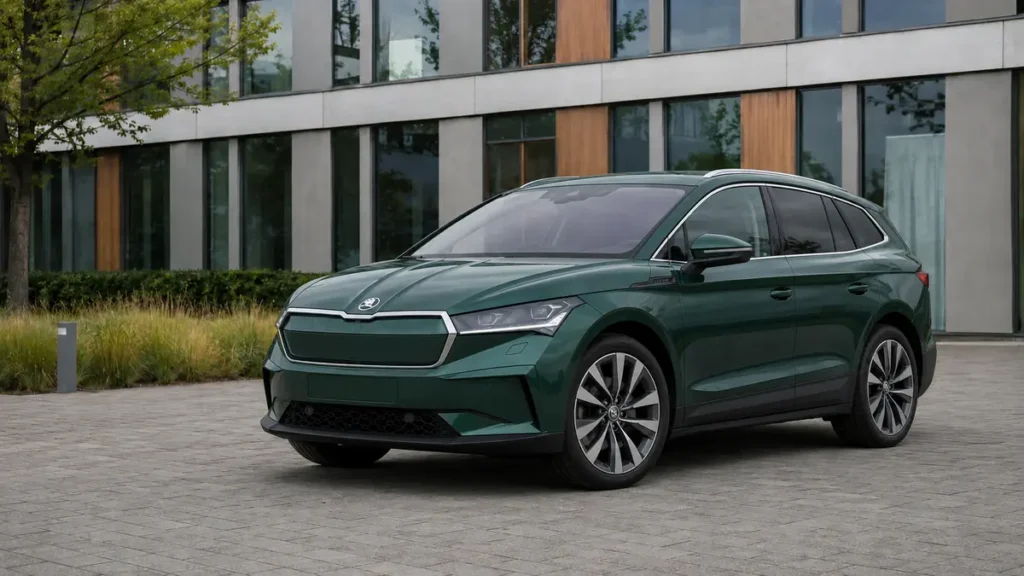 Groene elektrische Škoda Enyaq bij artikel over Škoda accu testen