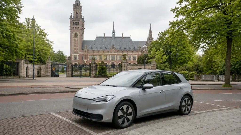 Elektrische auto bij het Vredespaleis in Den Haag voor een mobiele accutest