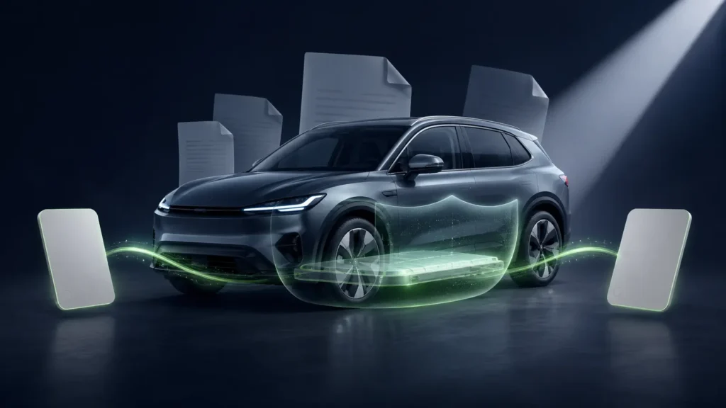 Elektrische auto waarvan de batterijgarantie met documenten wordt overgedragen