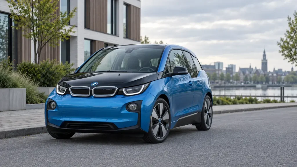 Blauwe elektrische BMW i3 bij artikel over BMW accu testen op locatie