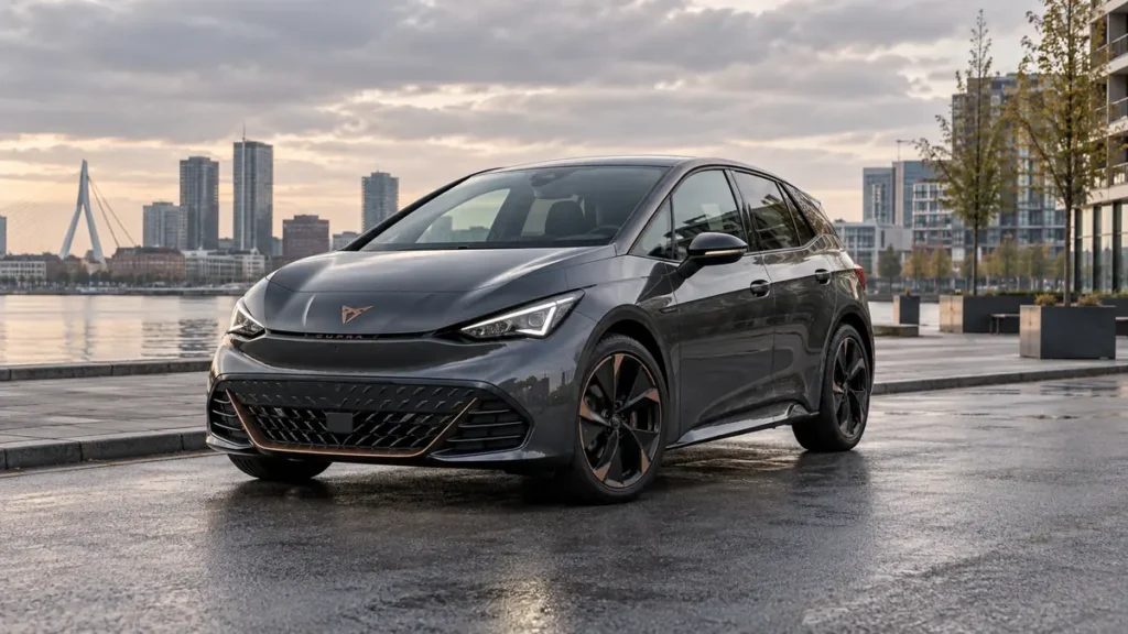 Donkergrijze elektrische CUPRA Born bij artikel over CUPRA accu testen op locatie