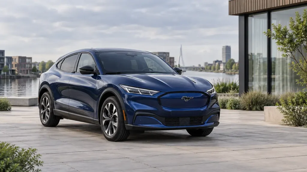Blauwe elektrische Ford Mustang Mach-E bij artikel over Ford accu testen op locatie