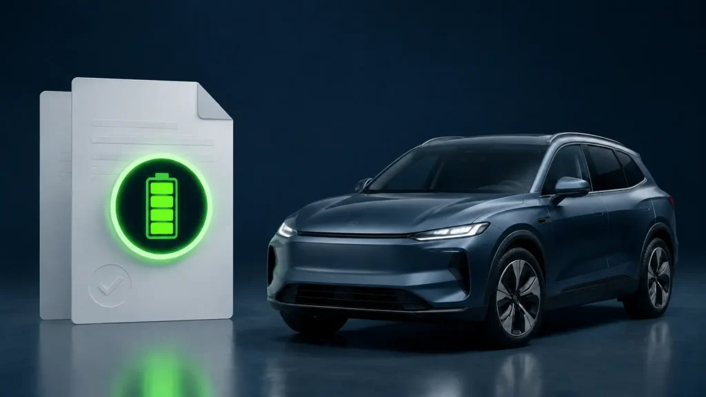 Elektrische auto met batterijrapport voorafgaand aan de verkoop