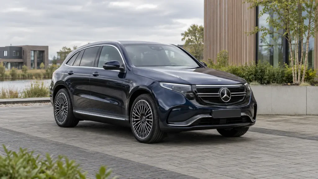 Donkerblauwe Mercedes-Benz EQC bij artikel over Mercedes-Benz accu testen op locatie