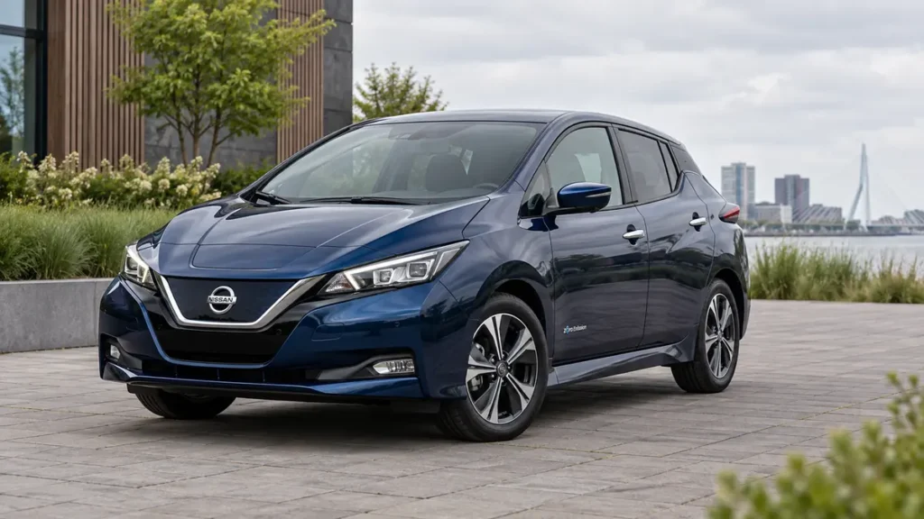 Blauwe elektrische Nissan Leaf bij artikel over Nissan accu testen op locatie