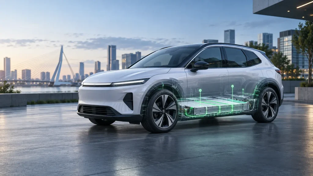 Elektrische auto met visualisatie van de gegevens die een batterijscan meet
