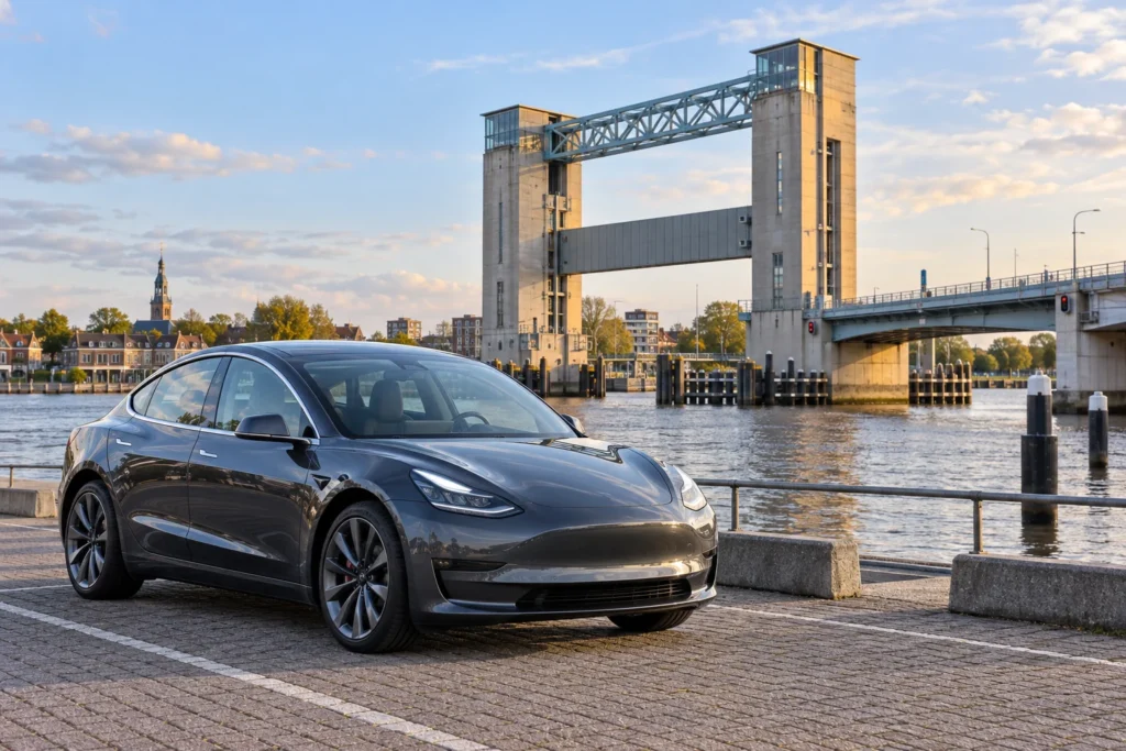 Elektrische auto bij de Algerabrug en Hollandsche IJsselkering in Krimpen aan den IJssel.