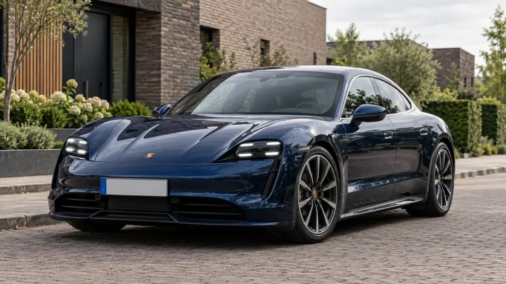 Donkerblauwe Porsche Taycan bij artikel over Porsche accu testen op locatie